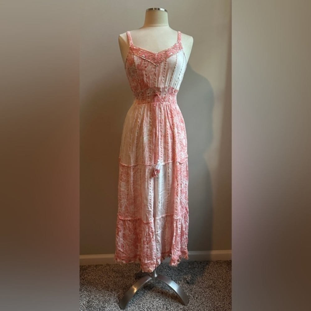 Me 2 Magic Coral Pink Boho Maxi Dress – Embroidered Tassel Detail, Pink M